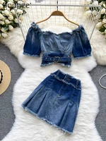 vintage raw edge denim skirt suit womens summer new slim fit off shoulder short sleeve top and high waist skirt two piece sets