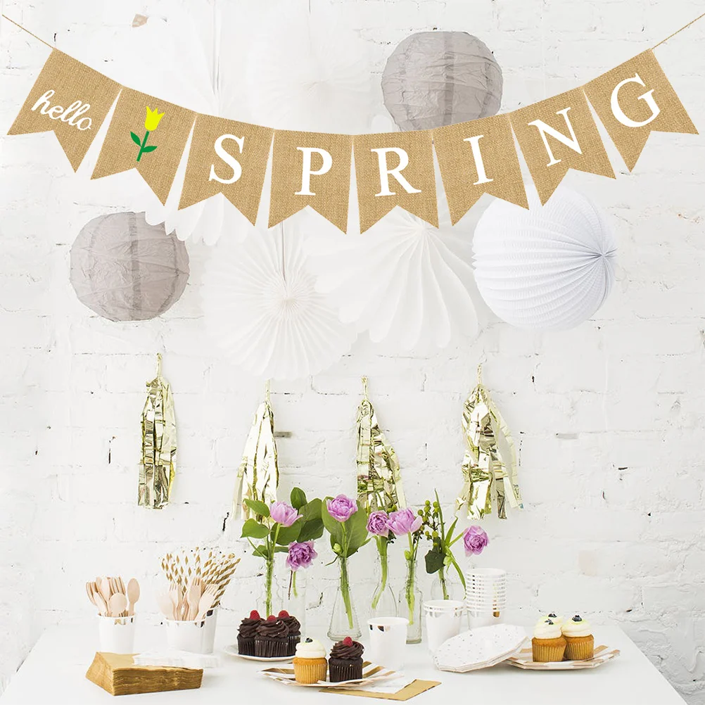 

HELLO SPRING Letters Bunting Banner Decorative Colorful Linen Burlap Banner Swallowtail Flag Party Supplies
