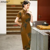 nvnang chinese cheongsam new womens yellow stand up collar mid long fashion split short sleeved chinese style cheongsam b2081