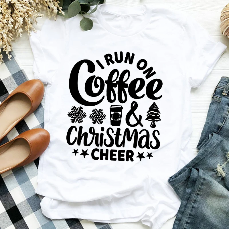 

Women Merry Christmas Coffee Snowflake Season Tree Light Holiday Trend Ladies Graphic Print Tee Top Tshirt Travel T-shirt