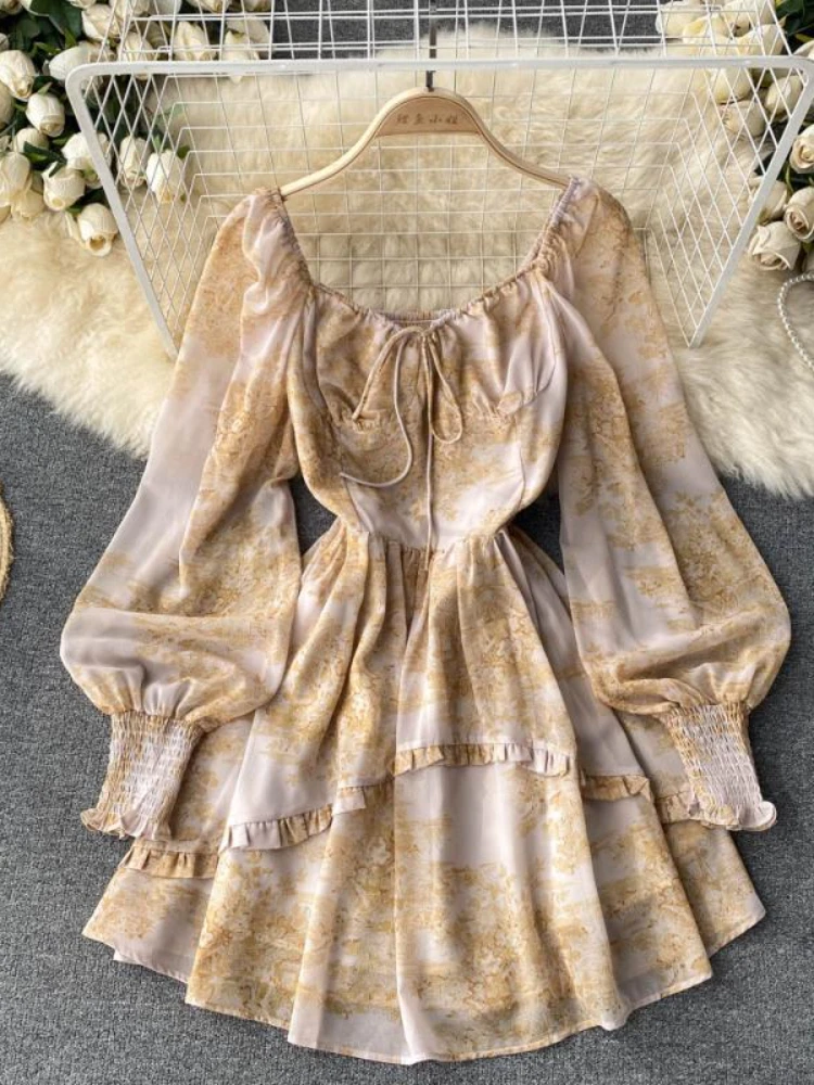 

Fitaylor New Spring Autumn Print Puff Sleeve Short Dress Women Fashion Square Collar Lace-up Dress Female Casual A-line Dress