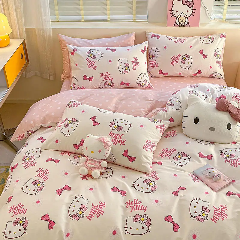 Sanrio Cotton Four Piece Set Hello Kitty Cartoon Bed Sheet Kawaii Cotton Soft Bed Four-Piece Cute Sweet Creative Birthday Gift