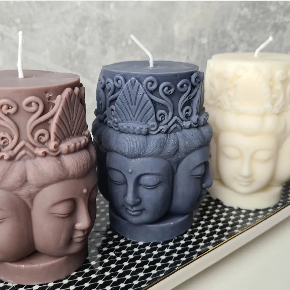 3D Buddha Statue Dome Candle Silicone Mould Guanyin Head Tathagata Four Faced Buddha Plaster Making Mold Home Craft Decoration