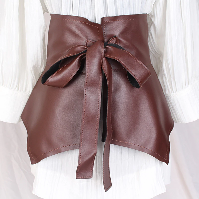 

Ultra Wide Cummerbunds Women Skirt Peplum Belt Self-tie Knotted Waistband Corset Belt PU Leather Ruffle Belt Solid Color