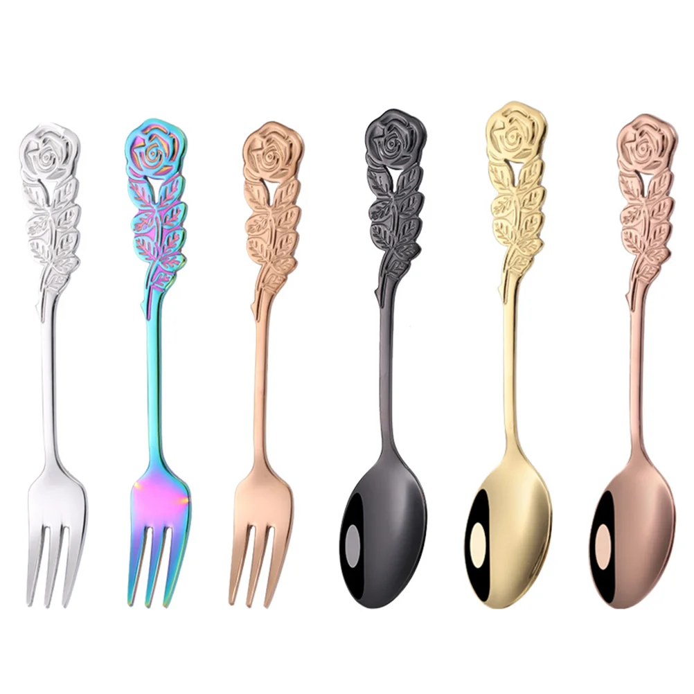 

Set Spoon Silverware Modern Gold Fork Flatware Flower Dessert Fruit Retro Sets Steel Tableware Stainless Unique Utensils Eating