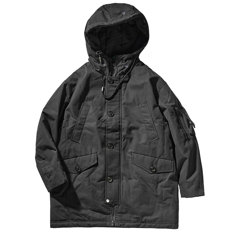 Heavy hooded down jacket coat men's wear thick black casual military coat in winter.
