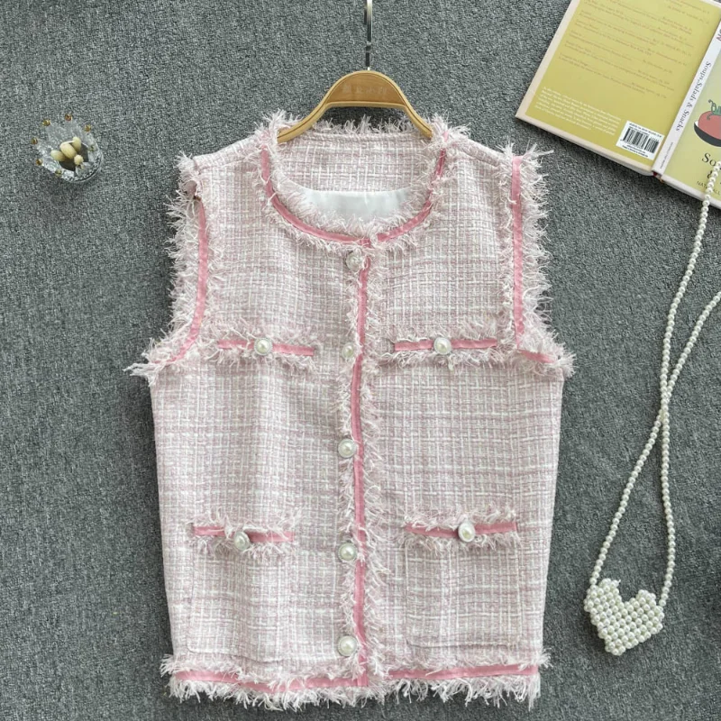 

Vintage Loose Color Contrast Tassel Design Vest Woman Elegant O-neck Single Breast Sleeveless Versatile Top