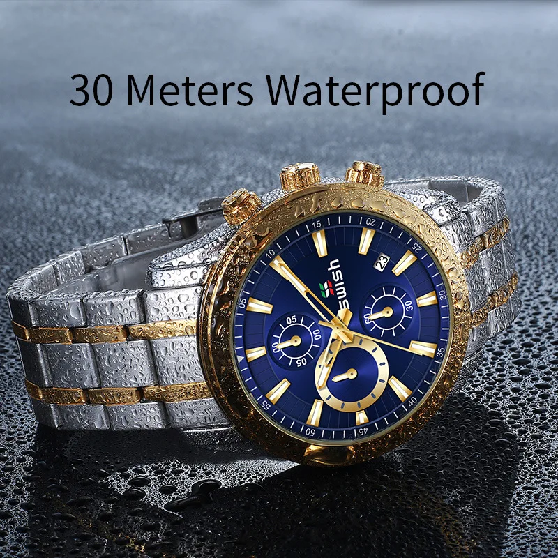 2023 Popular Europe and the United States three eyes six needle calendar waterproof 30 meters steel belt men's quartz watch