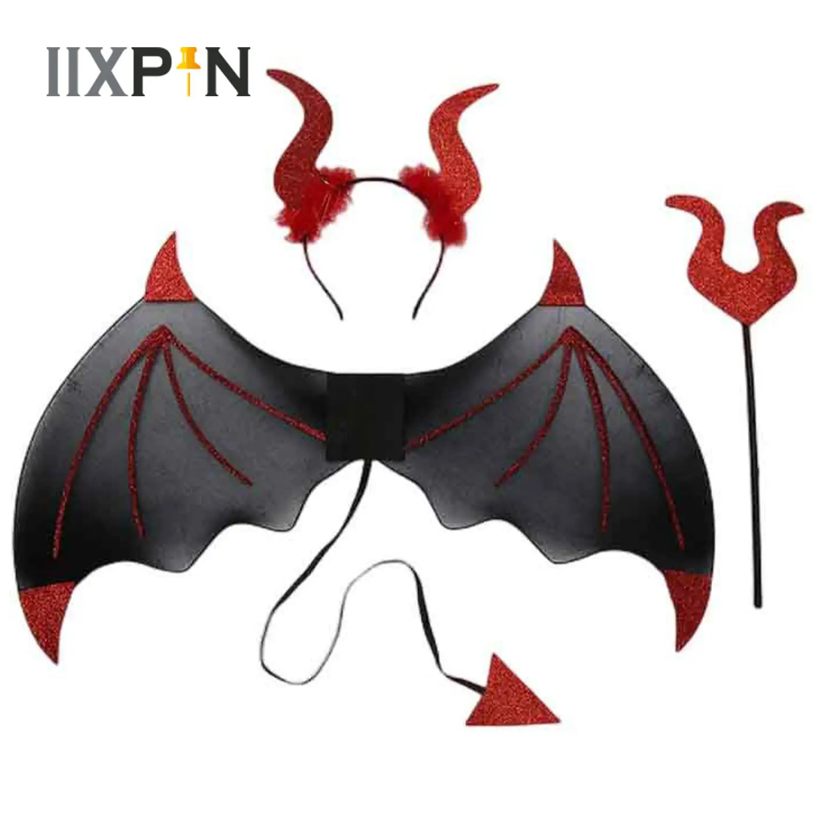 

Devil Cosplay Costume Accessories Adults Kids Wings with Tail+Horn Headband+Fork Set Carnival Christmas Halloween Party Props