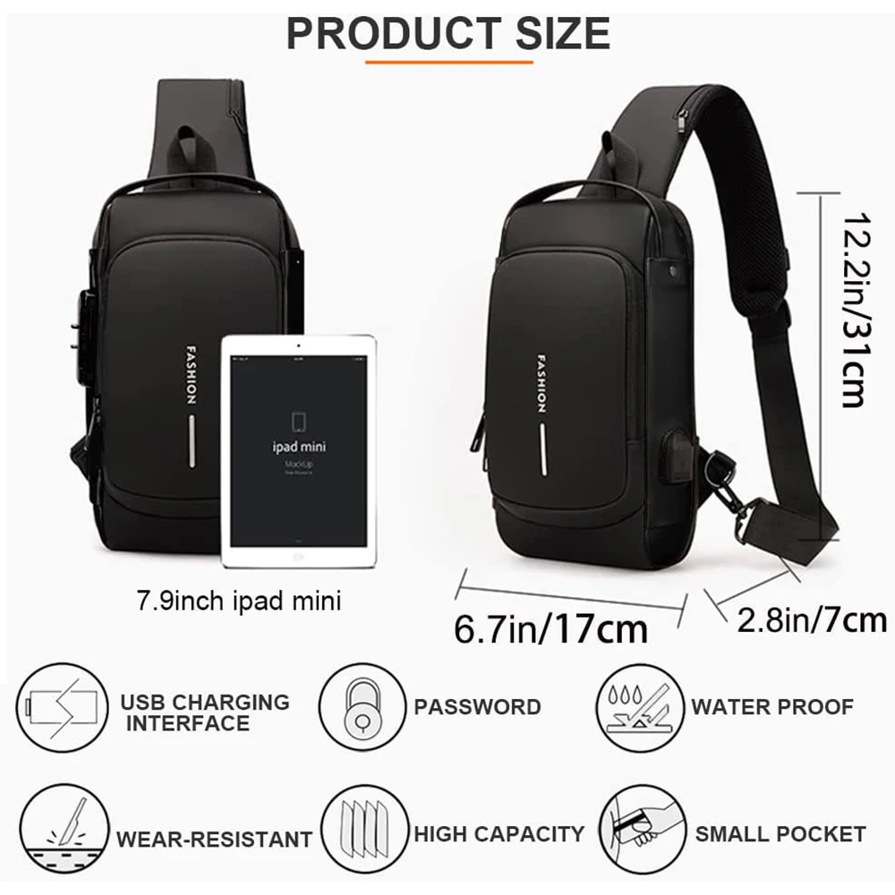 Anti Theft Crossbody Sling Bag,Waterproof Chest Daypack with USB Charging, Shoulder Messenger Bag Backpack for Men Women
