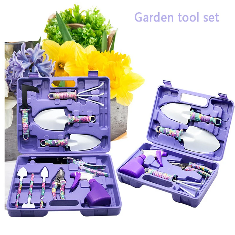 

Garden Hand Tools Set with Purple Floral Print Ergonomic Handle Rake Weeder Pruner Shears Sprayer Garden with Carrying Case