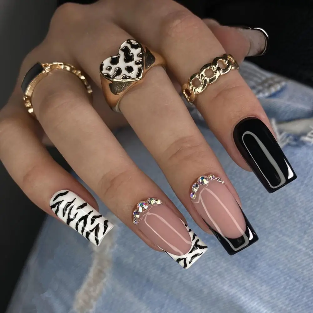 

Nail Tips Full Cover Wearable Press on Nails DIY Medium Length French Fake Nails Cow Line Pattern
