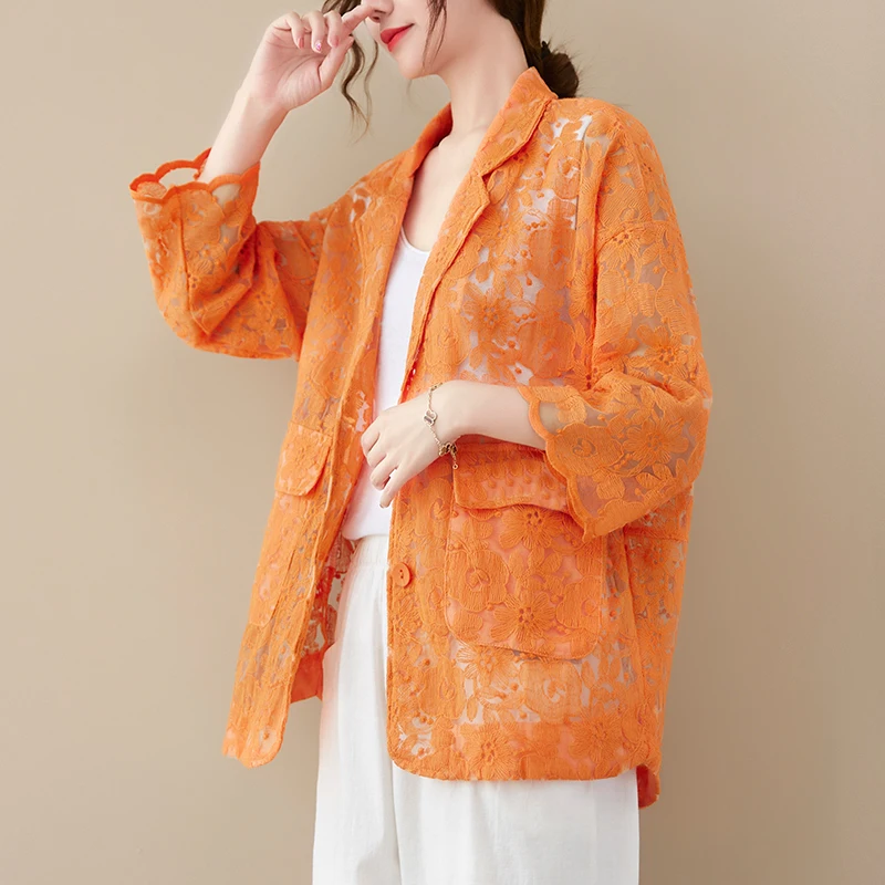 New Oversized 3/4 Sleeve See Through Lace Blazer Women Summer 2022 Ladies Casual Loose Fashion Floral Transparent Top Shirt