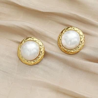trendy simple gold button shaped pearl stud earrings female banquet temperament retro striped diamond earrings earrings