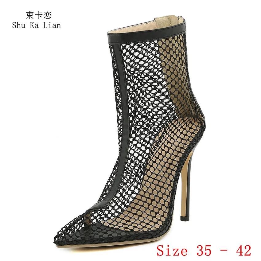 

Босоножки женские на высоком каблуке, современные полусапожки из сетчатого материала, короткие сандалии-гладиаторы, летняя обувь, Размеры ...