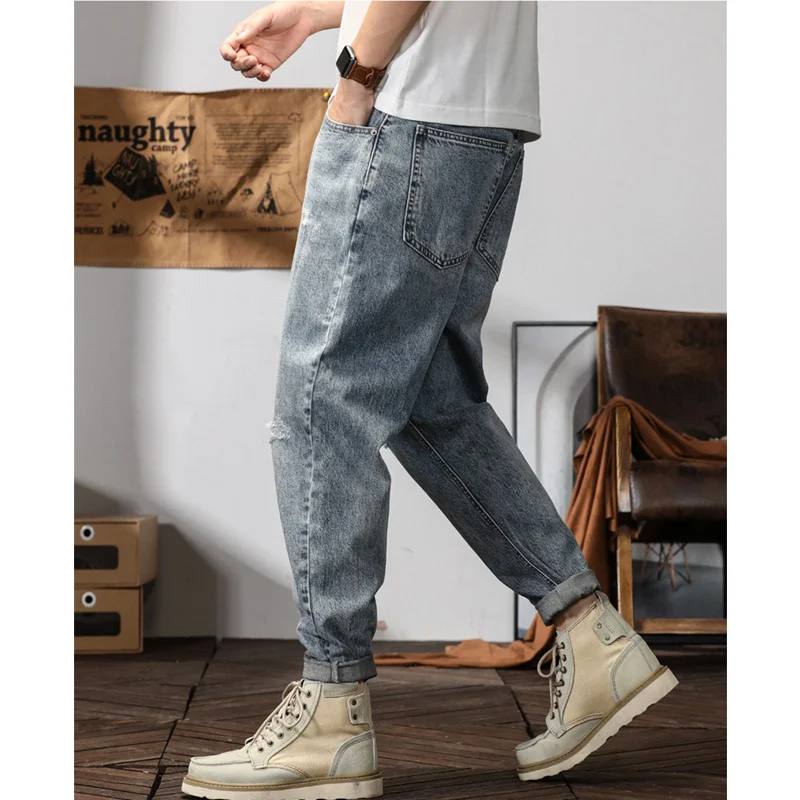 Men Clothing Autumn and Winter New Straight Loose Versatile Cylinder Jeans Vintage Comfortable Blue Ripped Harun Trousers Female