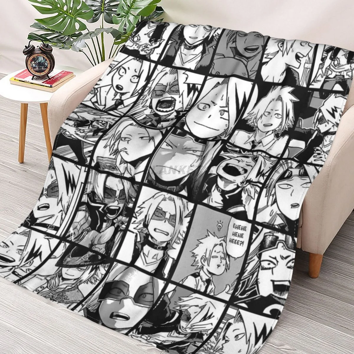 

Kaminari Denki Manga Black And White Version Throws Blankets Collage Flannel Ultra-Soft Warm picnic blanket bedspread on the bed