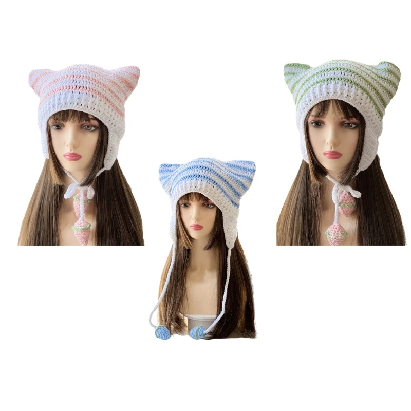 

Y2k Handmade Cat Ear Shape Hat Knit Winter Windproof Hat with Dangle Pompoms