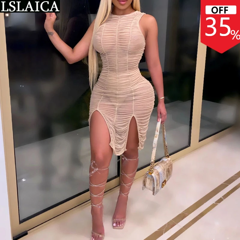 

Sexy Dress Solid See Through Draped Hem Split Bodycon Dress Female High Waist Sleeveless O Neck Streetwear Dresses For Women