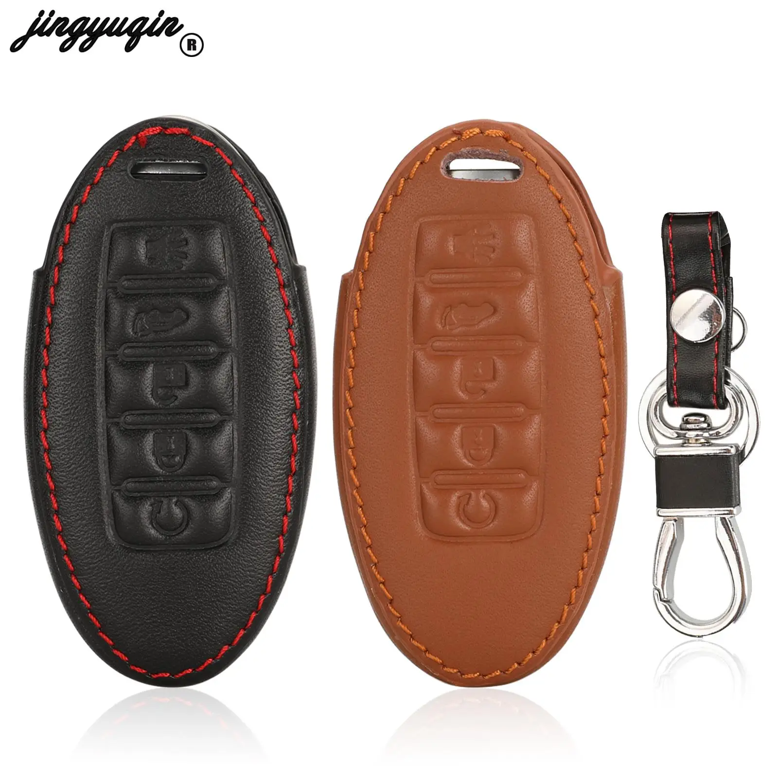 

jingyuqin Leather Remote 5 Buttons Car Key Chain Case Cover For Nissan pathfinder juke x-trail Altima almera Smart Key