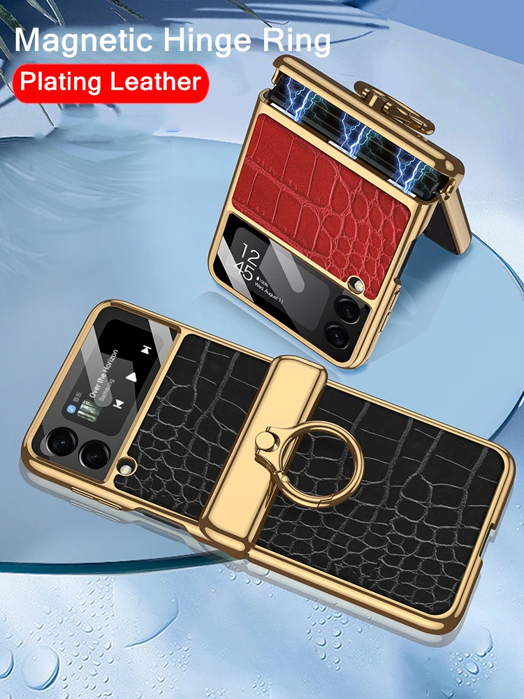 

for Samsung Galaxy Z Flip 3 5G Electroplate Leather Magnetic Hinge Finger Ring Stand Cover