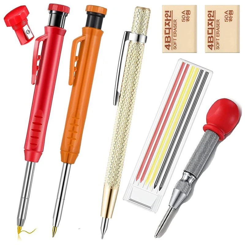 

Solid Carpenter Pencil with 6PCS Refills Woodworking Scriber Pen Marker Marking Tool Automatic Center Pin Drill Bit