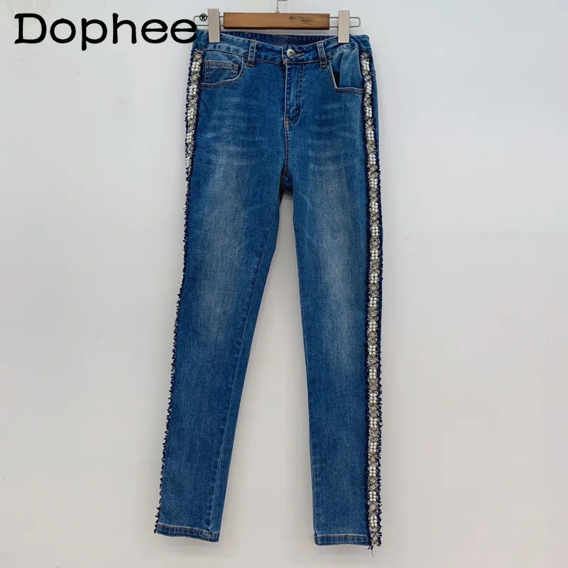 

Retro Side Woven Beaded Jeans for Women High Waist Slimming Skinny Denim Pants Female 2022 Spring New Blue Trousers High Street