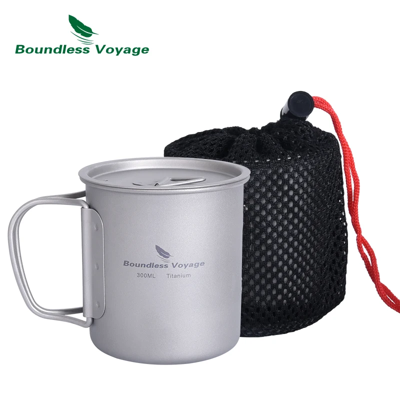 

Boundless Voyage 300ml Titanium Cup Ultralight Outdoor Camping Water Tea Coffee Mug Teacup Folding Handle Tableware with Lid