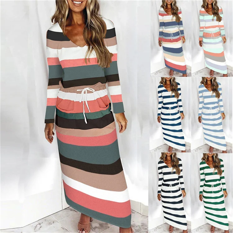 

2022 Europe & America Autumn/Winter Women's V-neck Loose Print Stripe Long-sleeve Dress