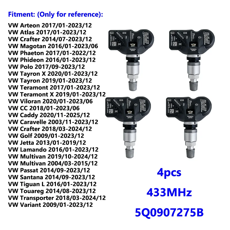 

1/2/4 шт. 5Q0907275B Датчик давления в шинах для Volkswagen Golf Crafter Jetta Beetle 2009-2019 VW Passat Tiguan Touareg 433 МГц TPMS
