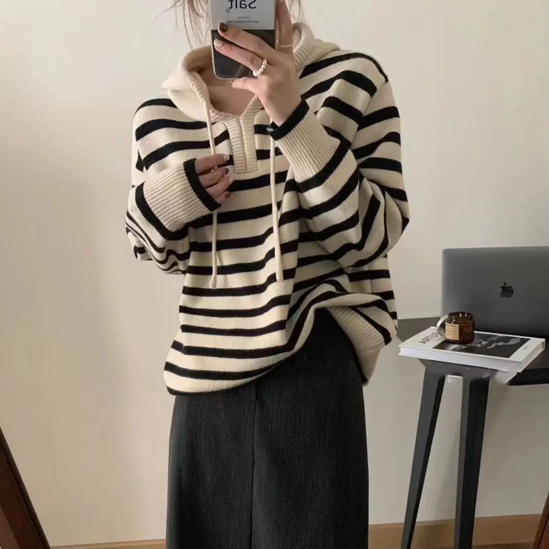 

2023 New Striped Hooded Top Knitted Sweater Women's Long Sleeve