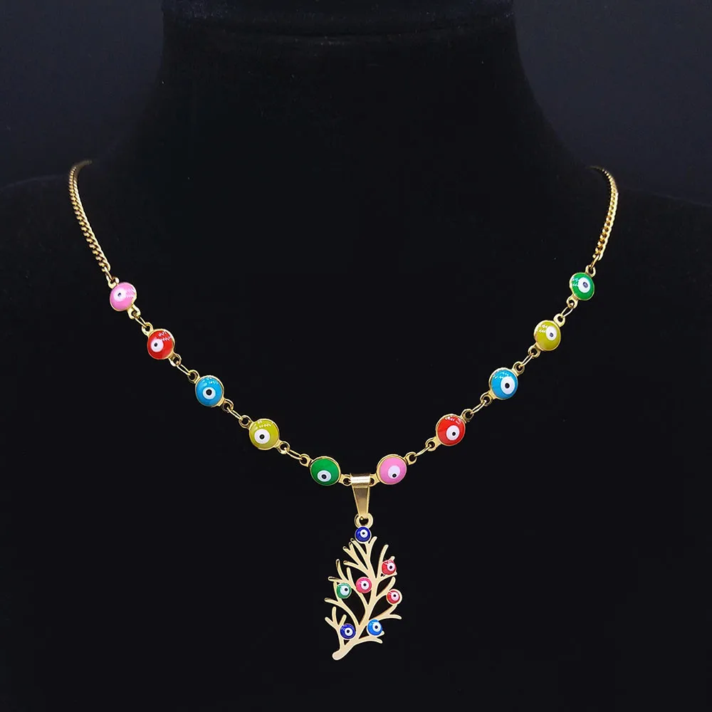 

2023 Stainless Steel Islam Colorful Tree of Life Necklace Choker Gold Color Chain Necklaces Jewelry arbol de la vida N5211S04