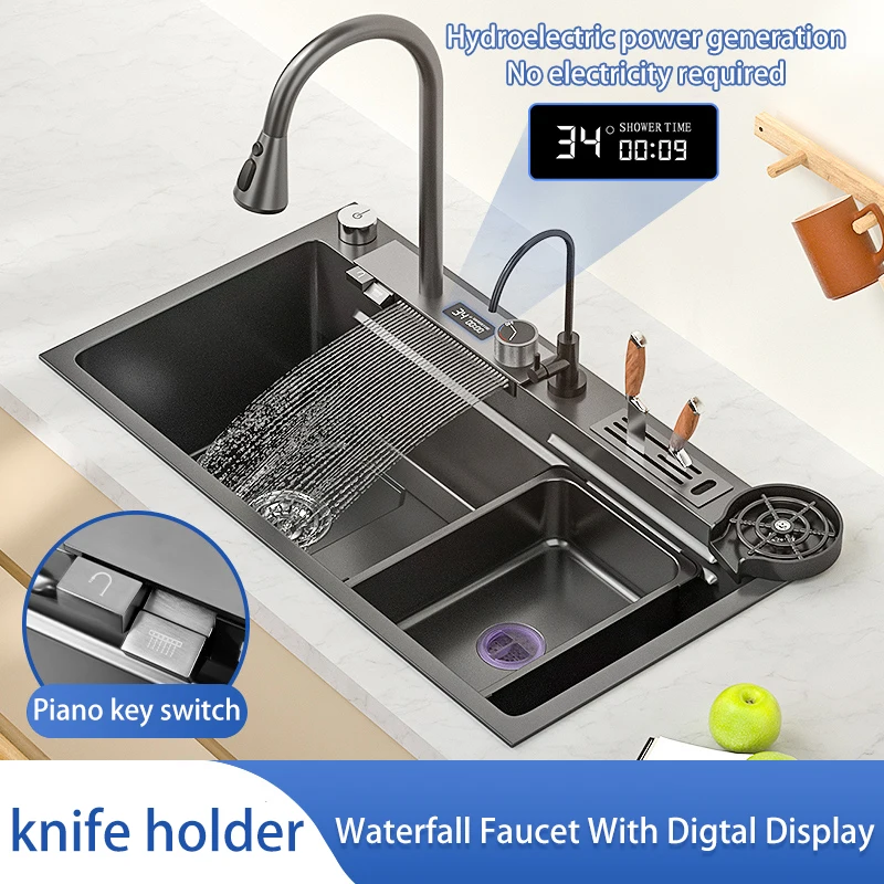 

Stainless Steel Sink Waterfall Kitchen sink Multi functional Sink Nano Wash Basin large smart sink Accessory Kitchen Dishwasher