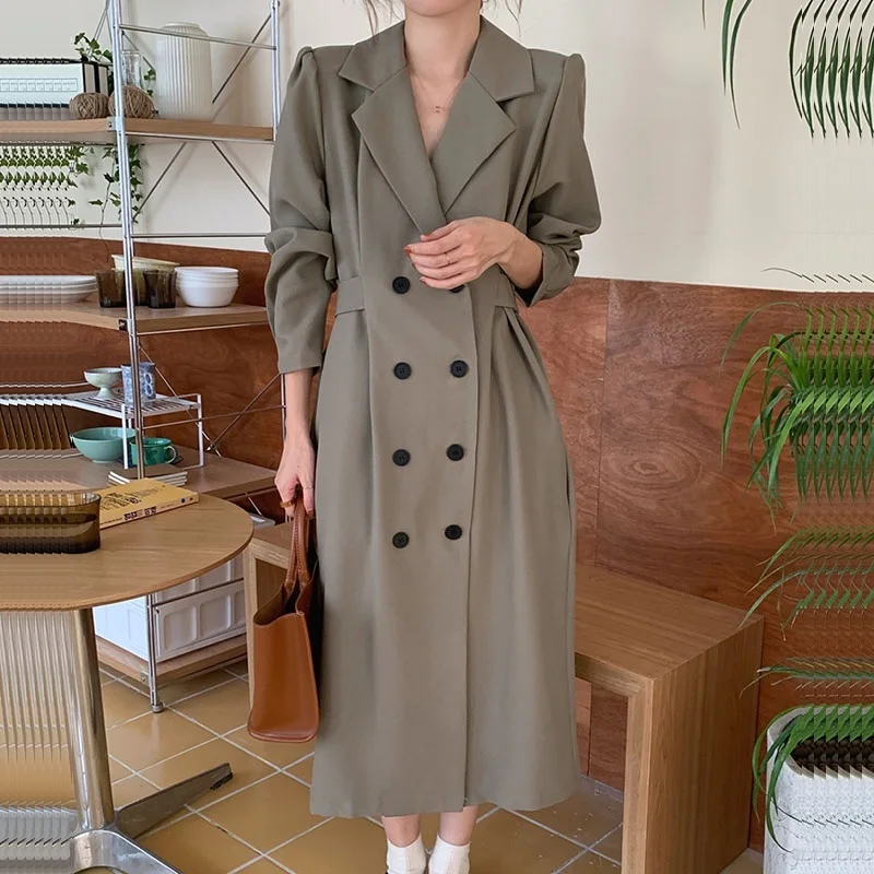 

Autumn Vintage Suit Collar Dress Women Double-breasted Waist Lace-up Gray Gray-green Black Casual Long Sleeve Mid-length Dresses