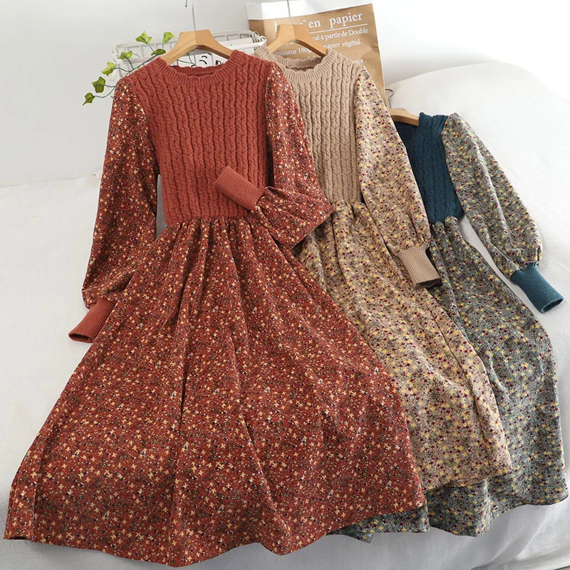 

Women's Knitted Dress Autumn Winter New Long Sleeve Corduroy Floral Dress Female Elegant Sweater A-line Long Veatidos Belt