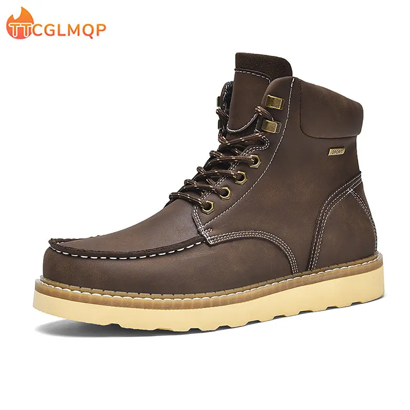

New Men Ankle Boots Retro Casual Leather Chelsea Boots Lace Up Male Shoes Mens British Tooling Platform Martin Boots Big Size 47