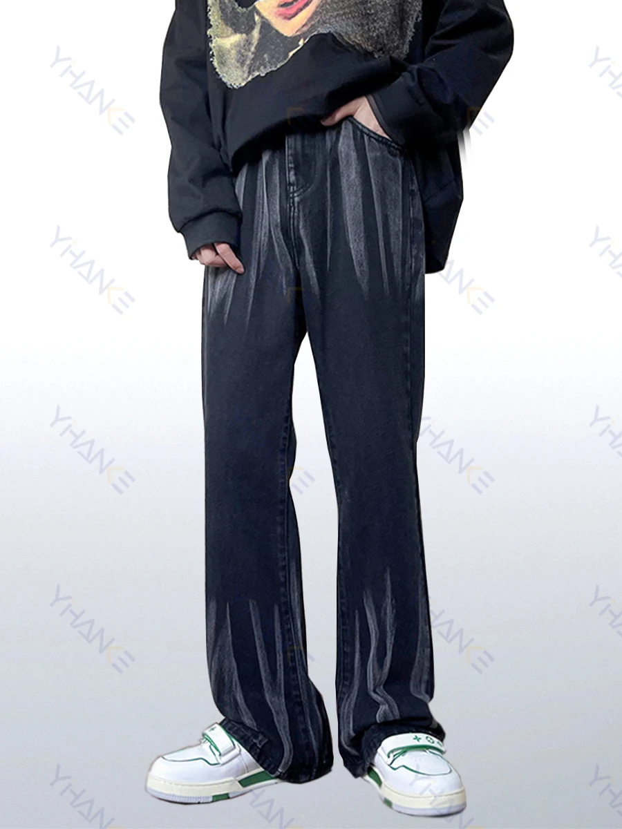 European and American Men's Fashion Trend High Street Tie-dye Micro-flare Black Jeans Men's Loose Straight Wide-leg Pants Denim