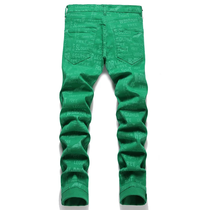 Men's Colorful Graffiti Printed Jeans Y2K Colorful Slim Fit Tapered Elastic Casual Pants Fashion Street Clothing Small Foot Pant