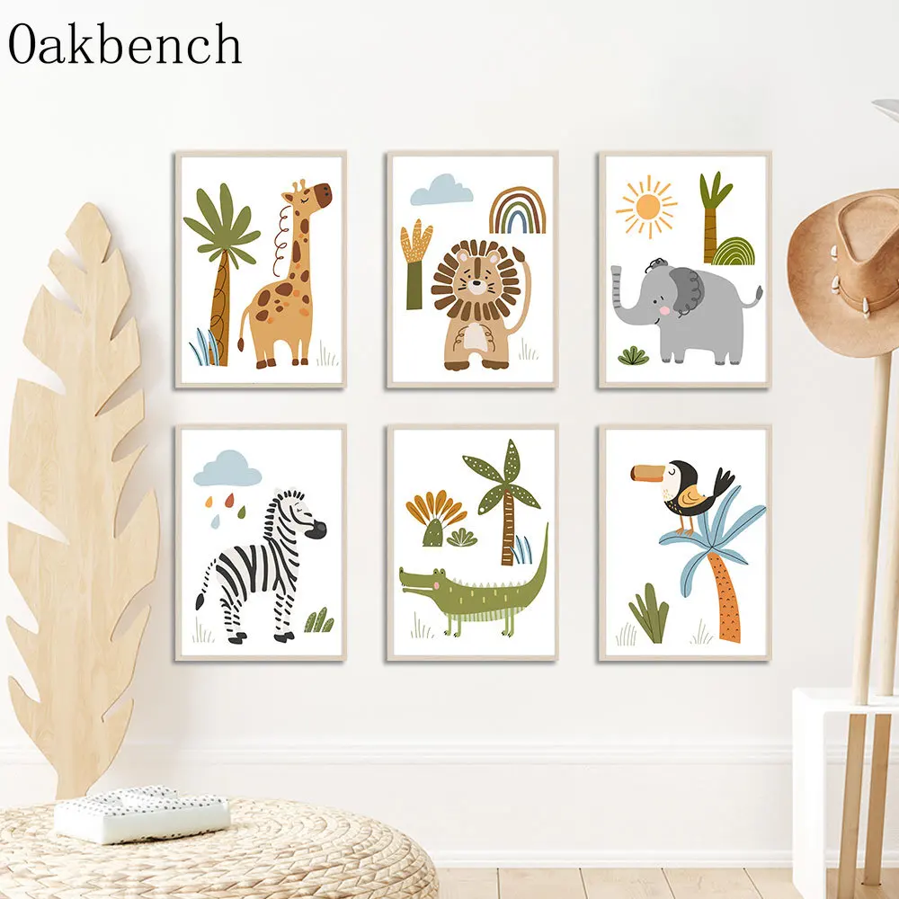 

Giraffe Zebra Canvas Painting Lion Art Prints Animals Painting Poster Palm Leaf Wall Art Nursery Wall Poster Kids Bedoom Decor