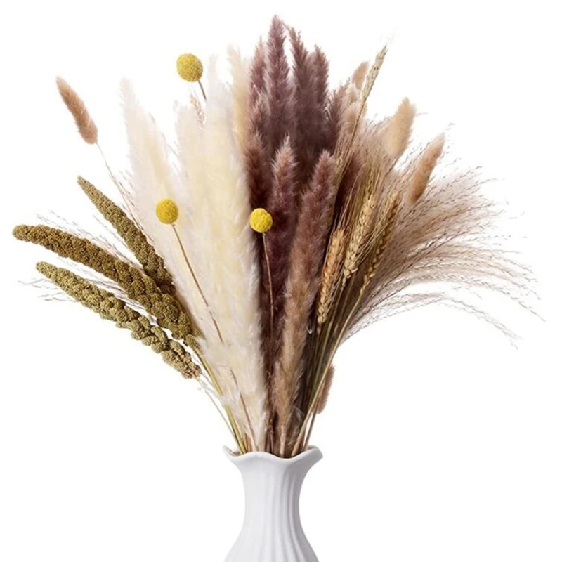 

Hot Sale 75Pcs Natural Dried Pampas Grass Decor,17 Inch Reed&Bunny Tails&Wheat Sheaves&Billy Ball&Millet Grain,For Wedding Boho