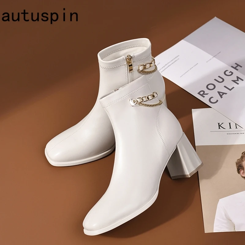 

Autuspin Square Toe Ankle Boots Women Fashion PU Leather Side Zipper Chelsea Boots Office Ladies Party Dress High Heels Shoes