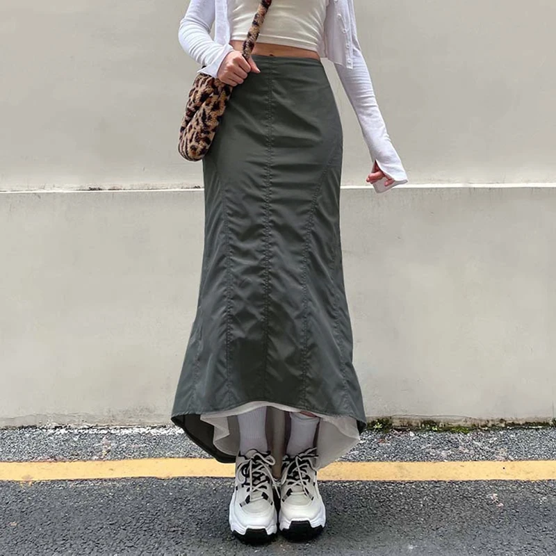 

Gaono Y2K Preppy Patchwork Pleated Trumpet Skirt 90s Vintage Harajuku Grunge Streetwear Chic Women High Waist Long Skirt Retro