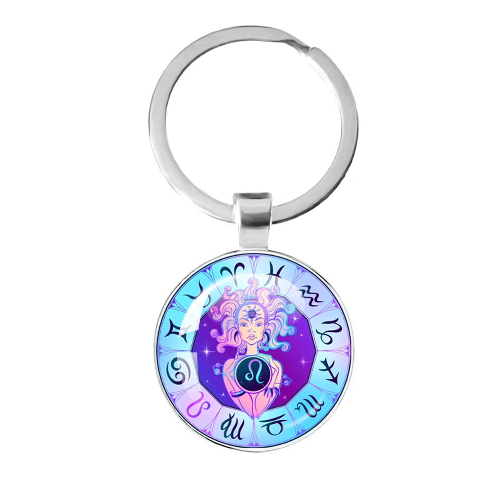 

12 Constellation Leo Virgo Libra Scorpio Keychain Glass Cabochon Pendant Zodiac Sign Key Chain Rings Bag Pendant Birthday Gift