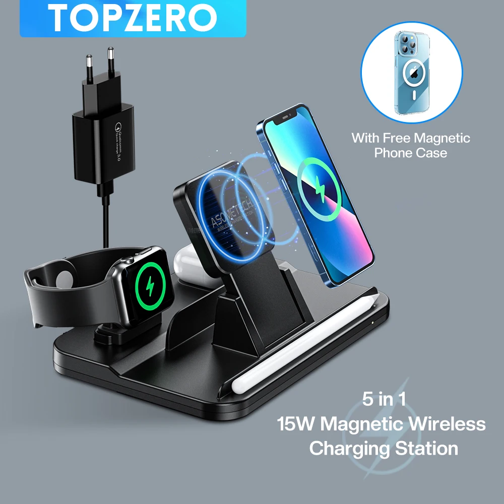 

5 in 1 Wireless Charger Stand With Free Magnetic Case For iPhone 14 13 Pro Max Airpods Pro iWatch 1 2 3 4 5 6 7 Charging Station