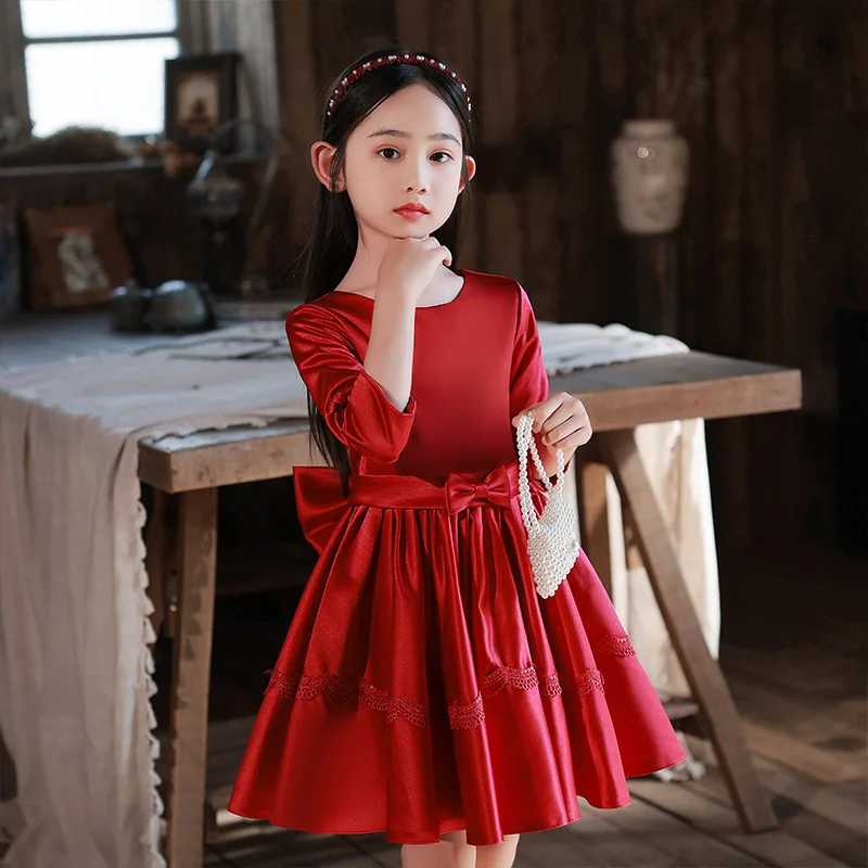 

Formal Princess Burgundy Satin Wedding Dress Kids Elegant Bow Evening Party Prom Gown