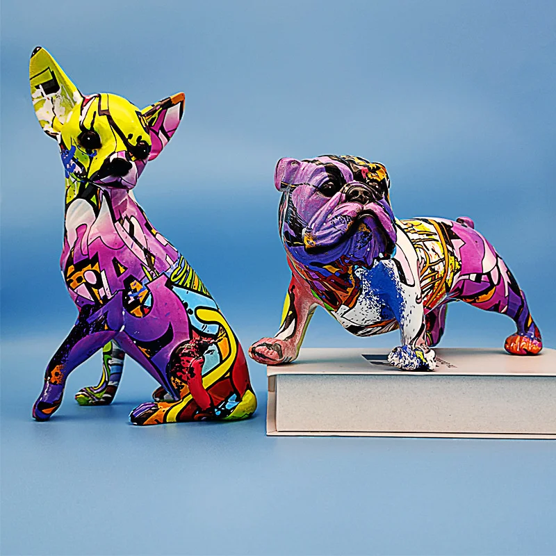 

Creative Painted Graffiti Color Chihuahua Dog Statue Decorations Home Entrance Wine Cabinet Office Decor Resin Crafts