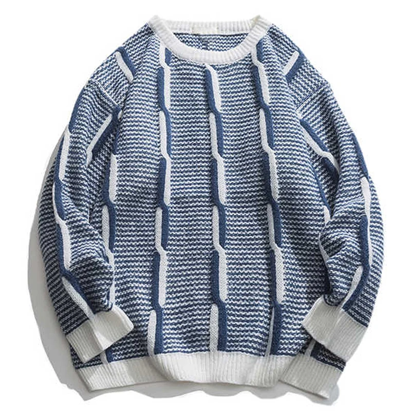 

2022 Japanese Harajuku Stripe Sweater Men Winter New Loose Round Neck Knitted Pullover Streetwear Vintage Patchwork Sweaters