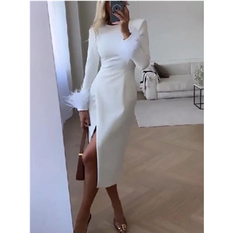 

Fashion High Waist Corset Slit Feather Long Sleeve Party Dress Women Bodycon Evening Dress