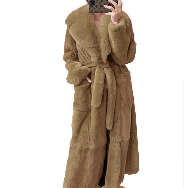 Oversize Faux Fur Coat Winter Women X-Long Fox Fur 2022 New Fashion Lapel Solid Belt Thick Warm Loose Parkas Famale Clothing Top