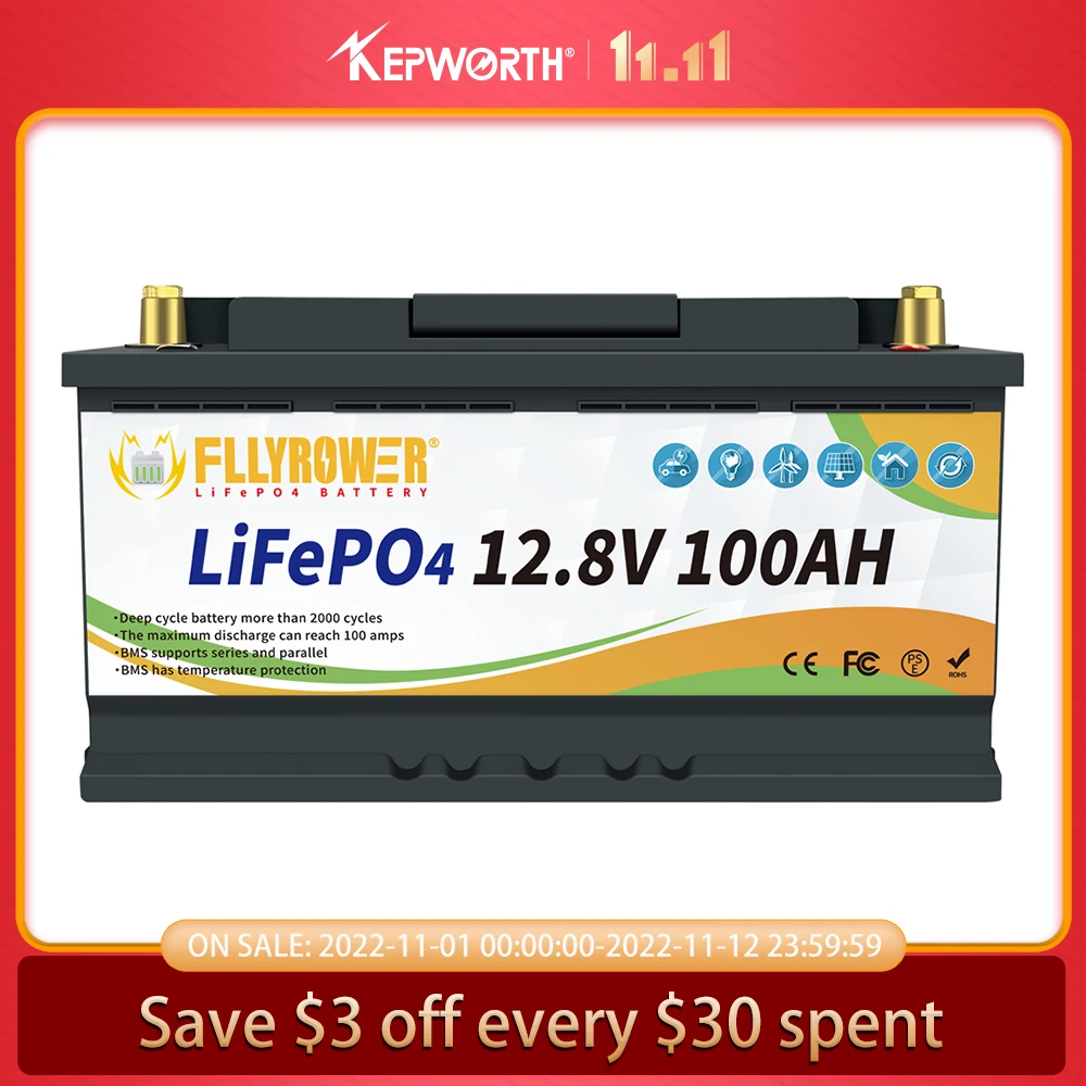 

FLLYPOWER Newest 12V 100Ah 1200WH LiFePO4 Lithium Iron Phosphate Battery Build in BMS For RV Campers Solar Golf Carts Marine